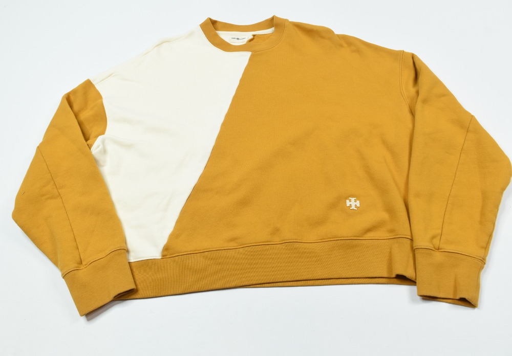 Tory Sport Colorblock Sweatshirt Womens Small Mustard Ivory Oversized Crewneck